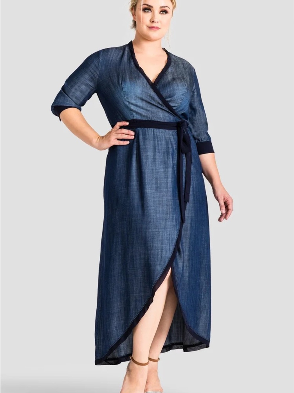 Standard & Practices Wrap-Front Indigo Tencel Maxi Dress with Contrast Trim. 3X